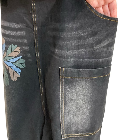 OMYCHIC Flower Club Loose Relaxed Fit Black Denim Overalls Pockets - Picture 6 of 13